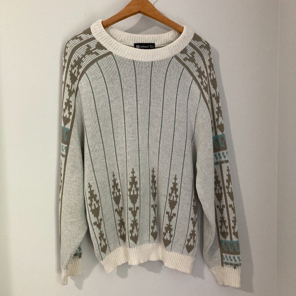 St Michael Crew Neck Sweater Mens 40 White Brown Geometric Vintage Knit